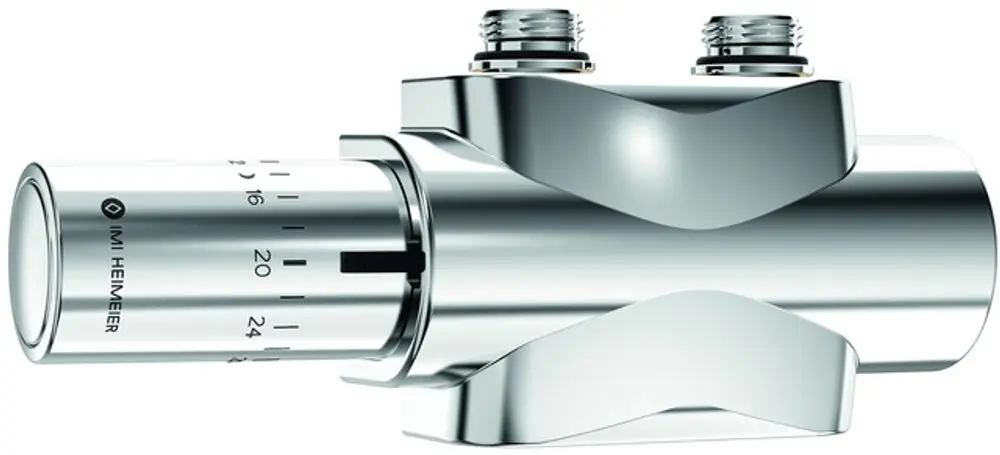 Verchromtes Ventil mit Einstellskala und zwei Anschlüssen. Produkt von IMI Hydronic Engineering, geeignet für Zweirohr-Heizsysteme.